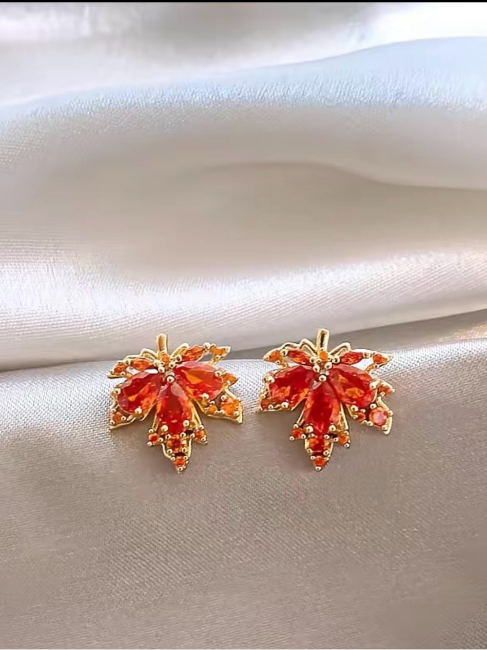 Gold-Tone Orange Maple Leaf Crystal Stud Earrings